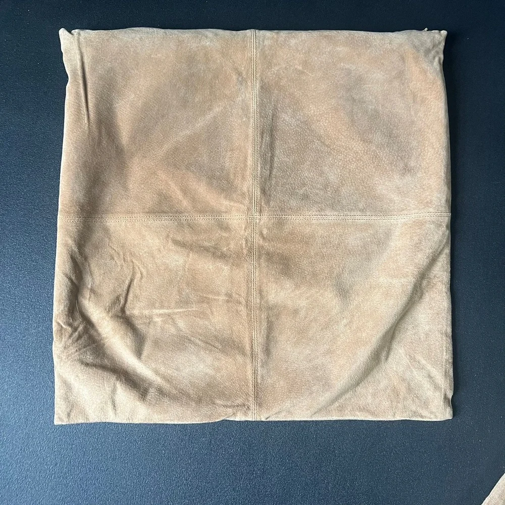 Set of 2 Tan Genuine Suede Leather Square Pillow Covers Four Panel Stitched 19in